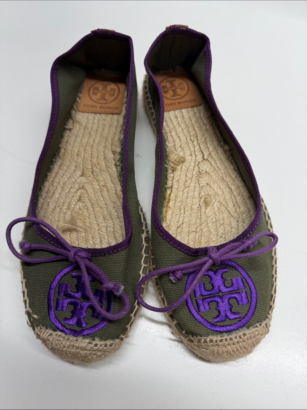 Tory Burch Espadrille Flats Slip On Ballet Flat Shoes Bow Green Purple Size 8